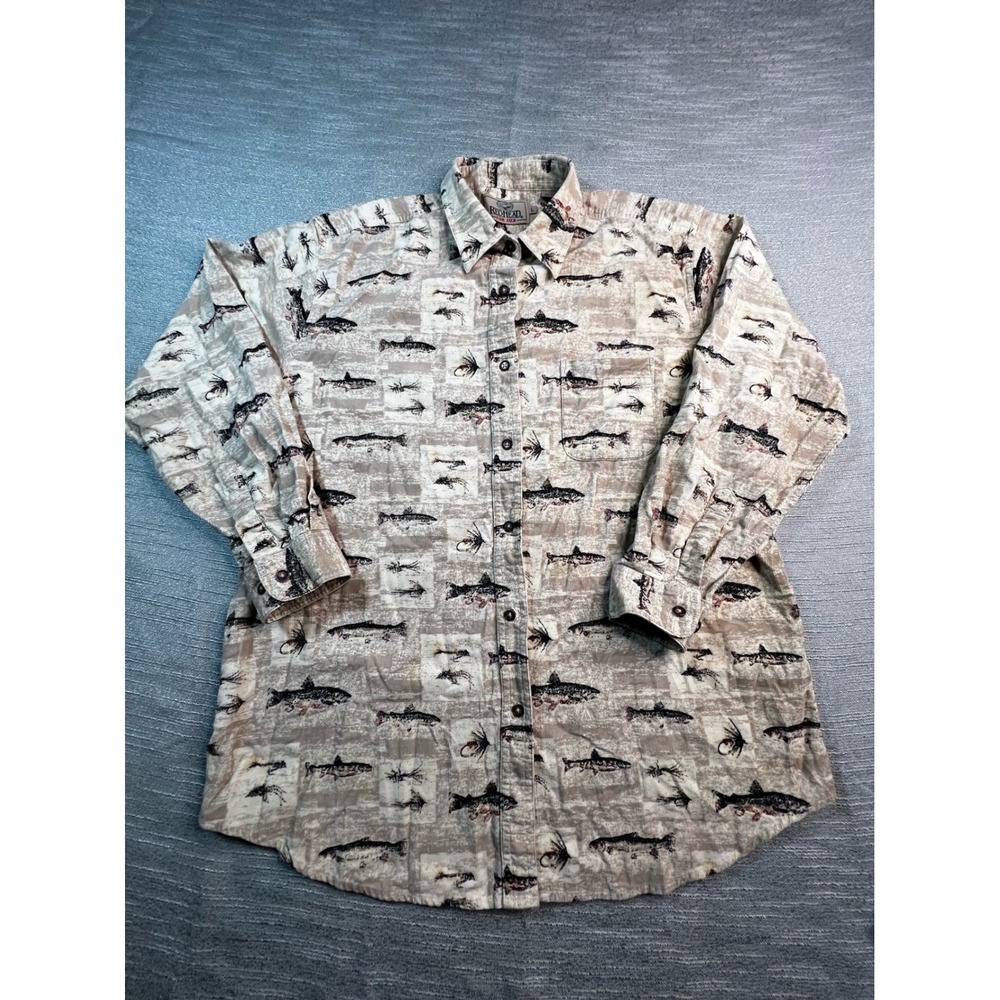 RedHead For Her Tan Corduroy Fishing Trout Lure Print Button Down Shirt Large